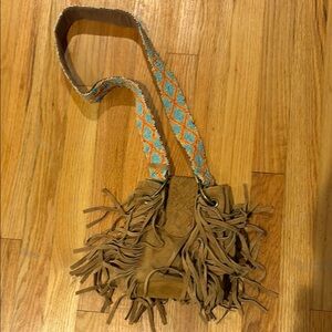 Free People Tan Fringed Mini Bag with Colorful Strap